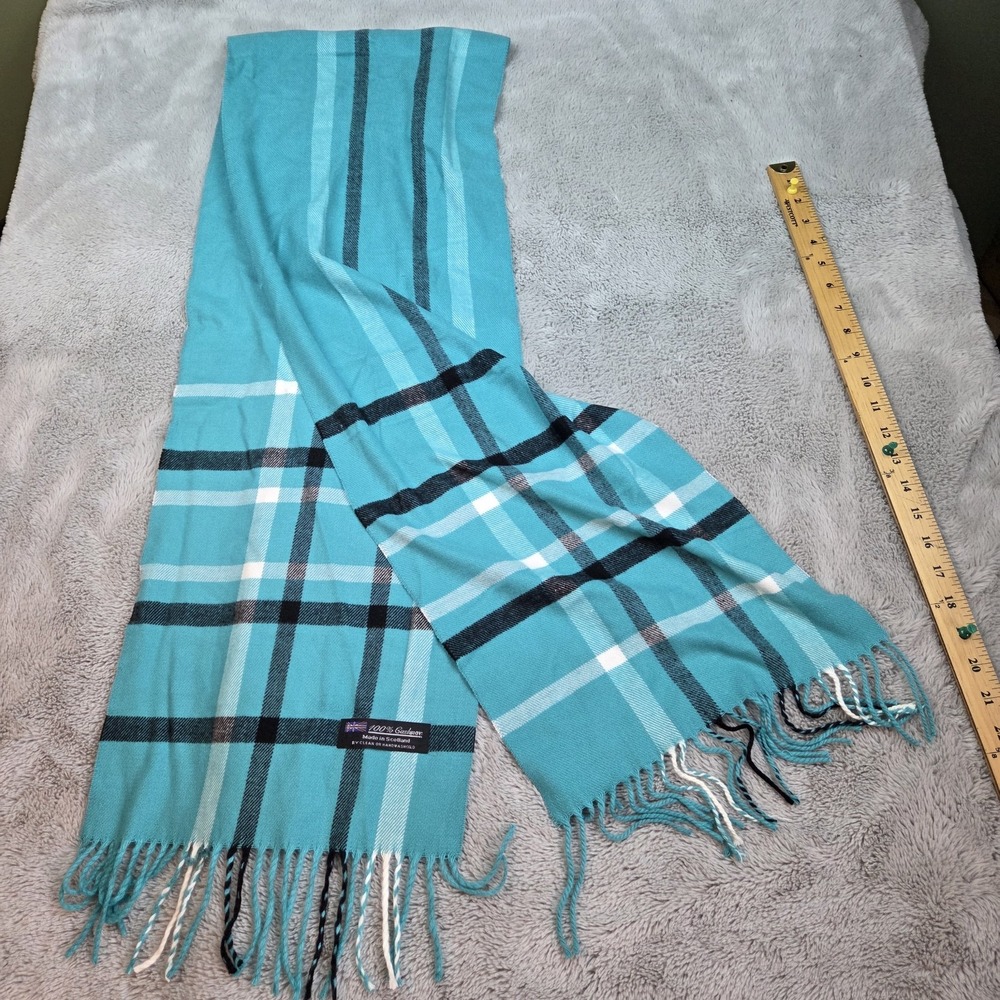 Scottish Cashmere Scarf Unisex OS Plaid Fringe Made in Scotland Turquoise Blue